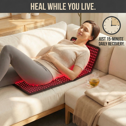 Woman lying on a heating pad with text about daily recovery benefits.