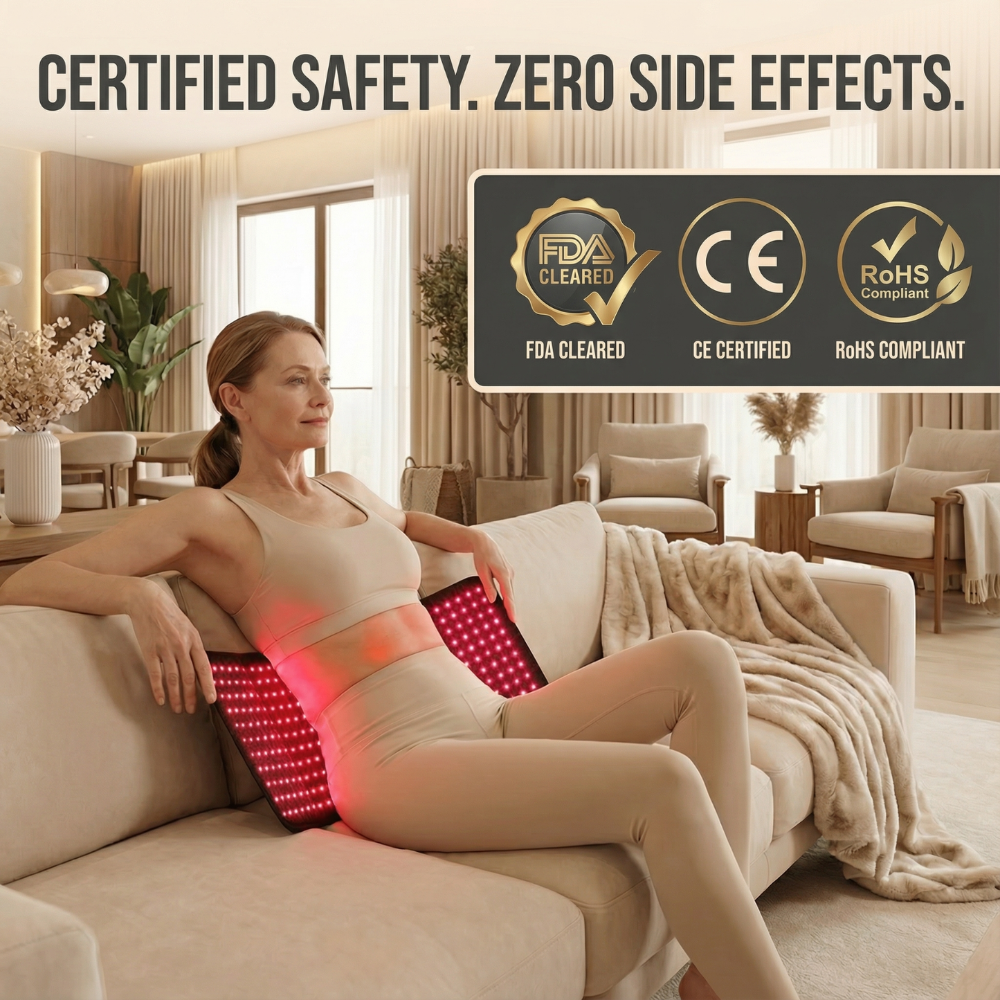 Woman using a red light therapy device on a couch with certification logos displayed.