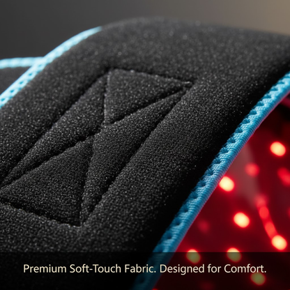 Close-up of a black textured fabric with a red light inside, featuring a brand logo.