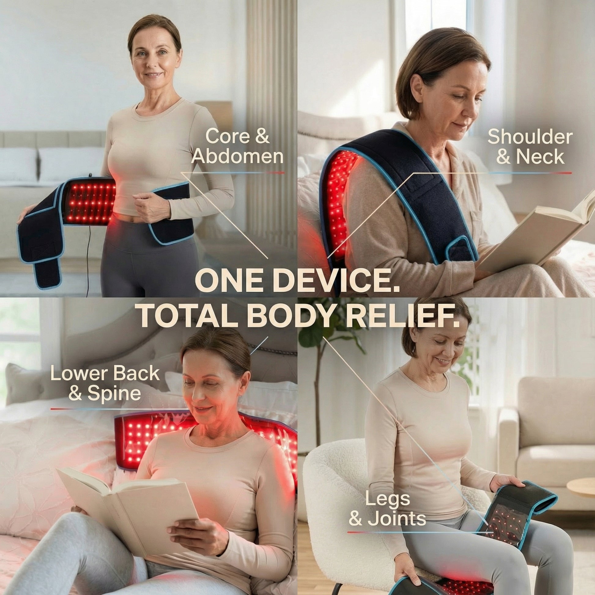 Woman using a device for core, abdomen, shoulder, neck, lower back, spine, legs, and joints relief.