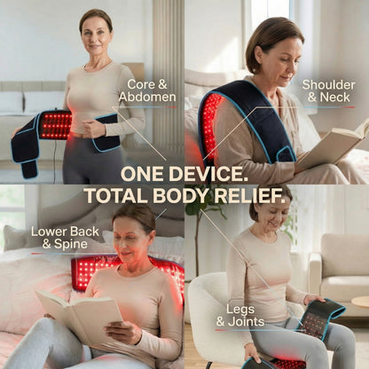 Woman using a device for core, abdomen, shoulder, neck, lower back, spine, legs, and joints relief.