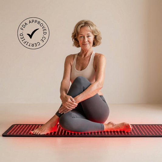 Woman sitting on a red LED mat with a certification badge in the corner.