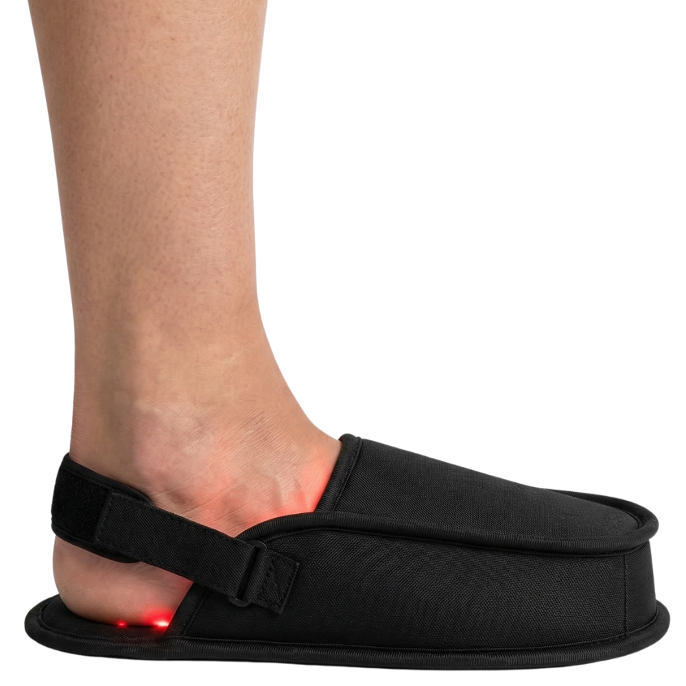 Black slipper with red light on a white background
