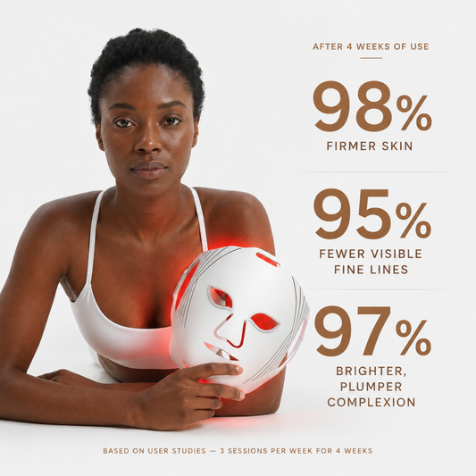 Woman holding the NiceBeam LED red light therapy face mask with skincare benefits listed