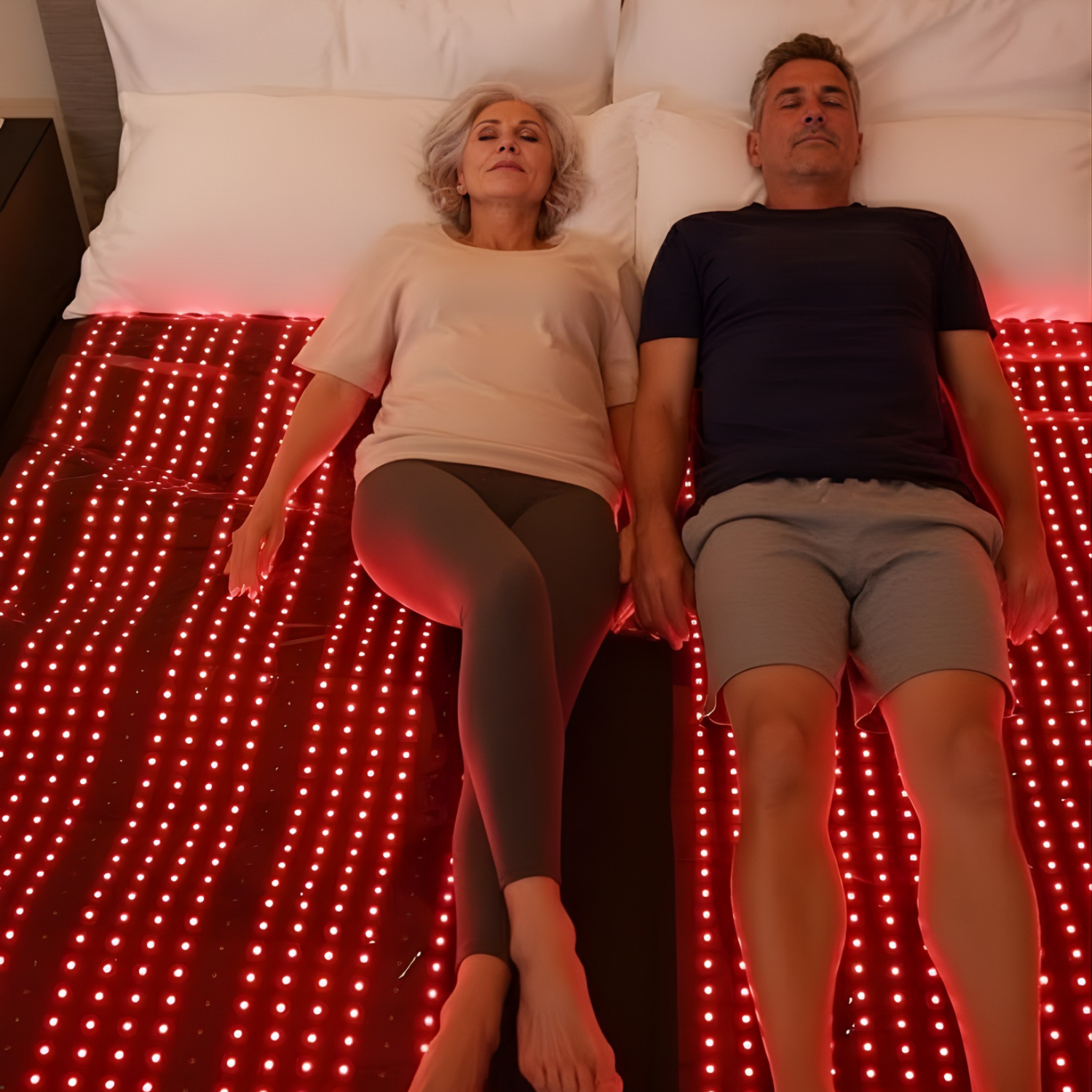 Two people lying on a bed with red LED lights underneath