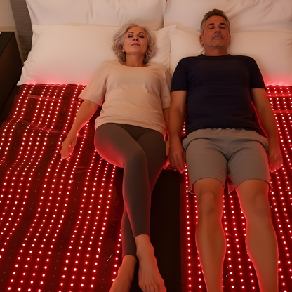 Two people lying on a bed with red LED lights underneath