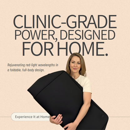 Woman holding a black device with text about clinic-grade power and home use on a beige background