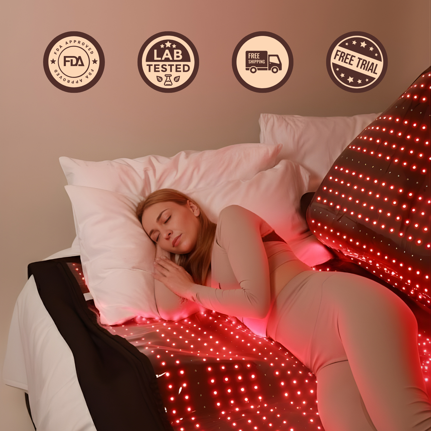 Woman lying in bed with a red light therapy blanket, surrounded by certification icons.