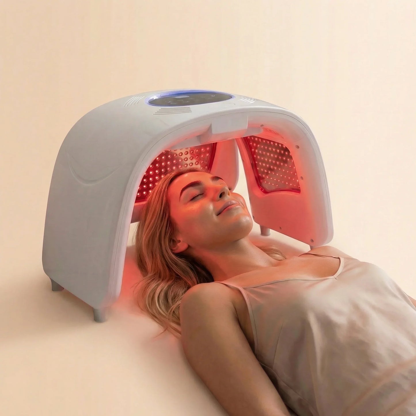 Woman using red light therapy device for face treatment at home