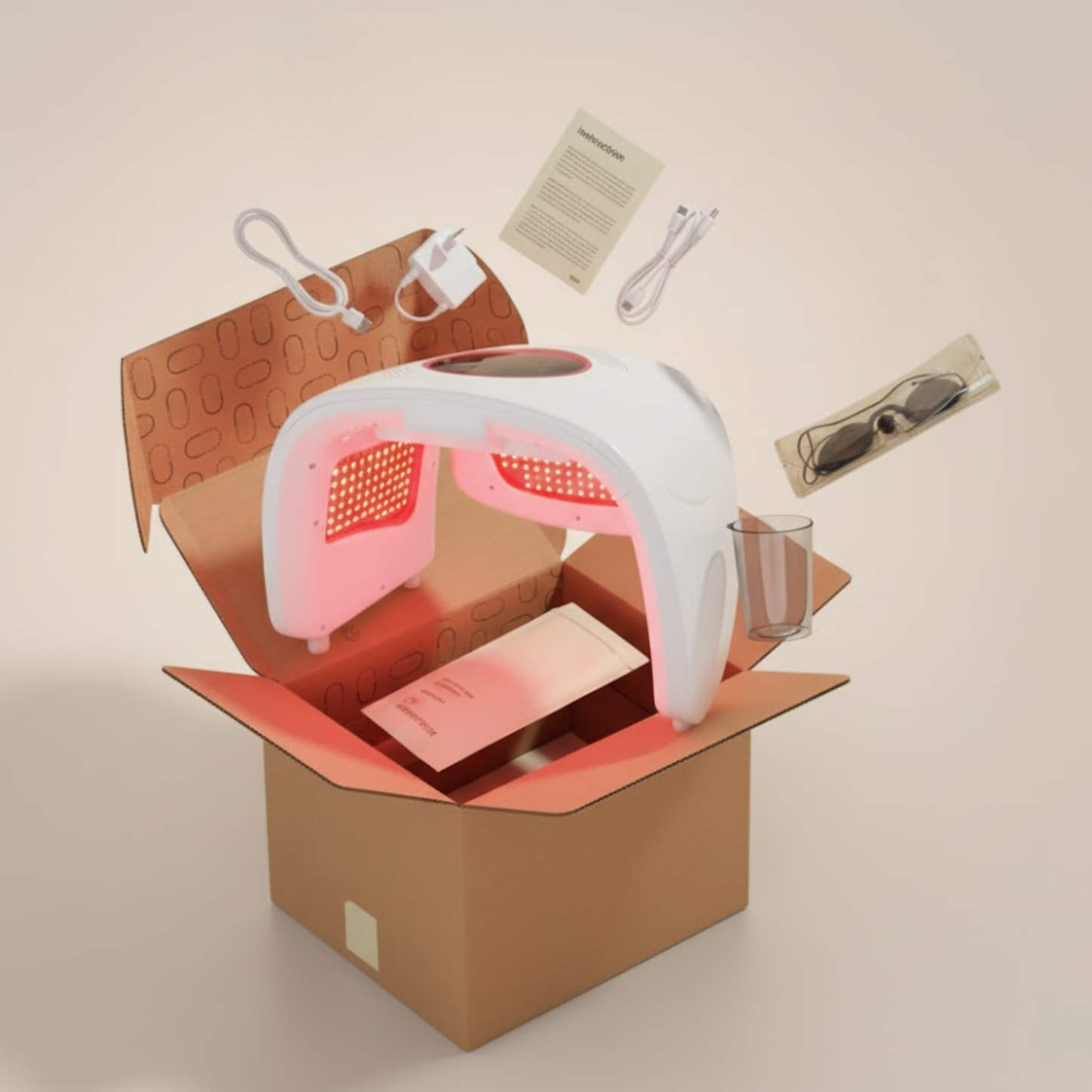 White LED face mask in an open cardboard box with accessories on a beige background