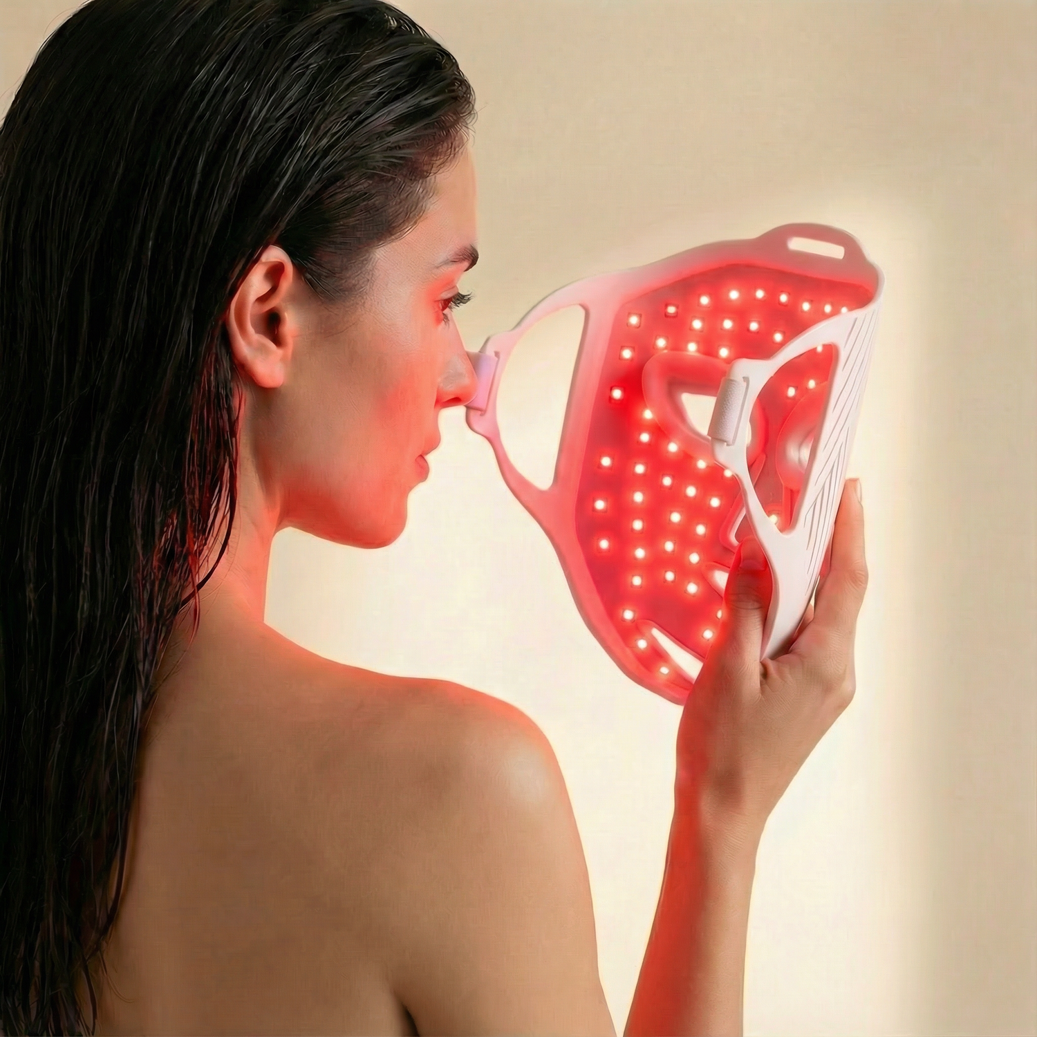 Woman holding a red light therapy mask against a neutral background