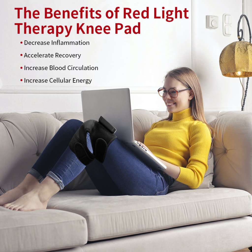 Woman using the red light therapy knee pad on her knee, with a list of benefits including accelerated recovery, improved blood circulation, and enhanced cellular energy.