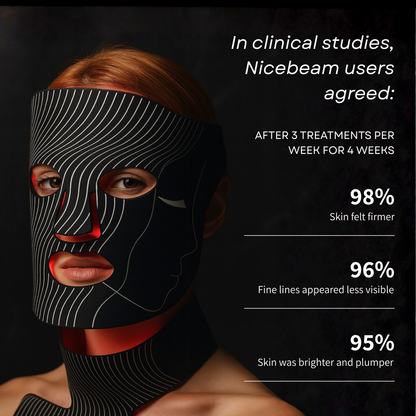 Person wearing a black face mask with clinical study results on a dark background