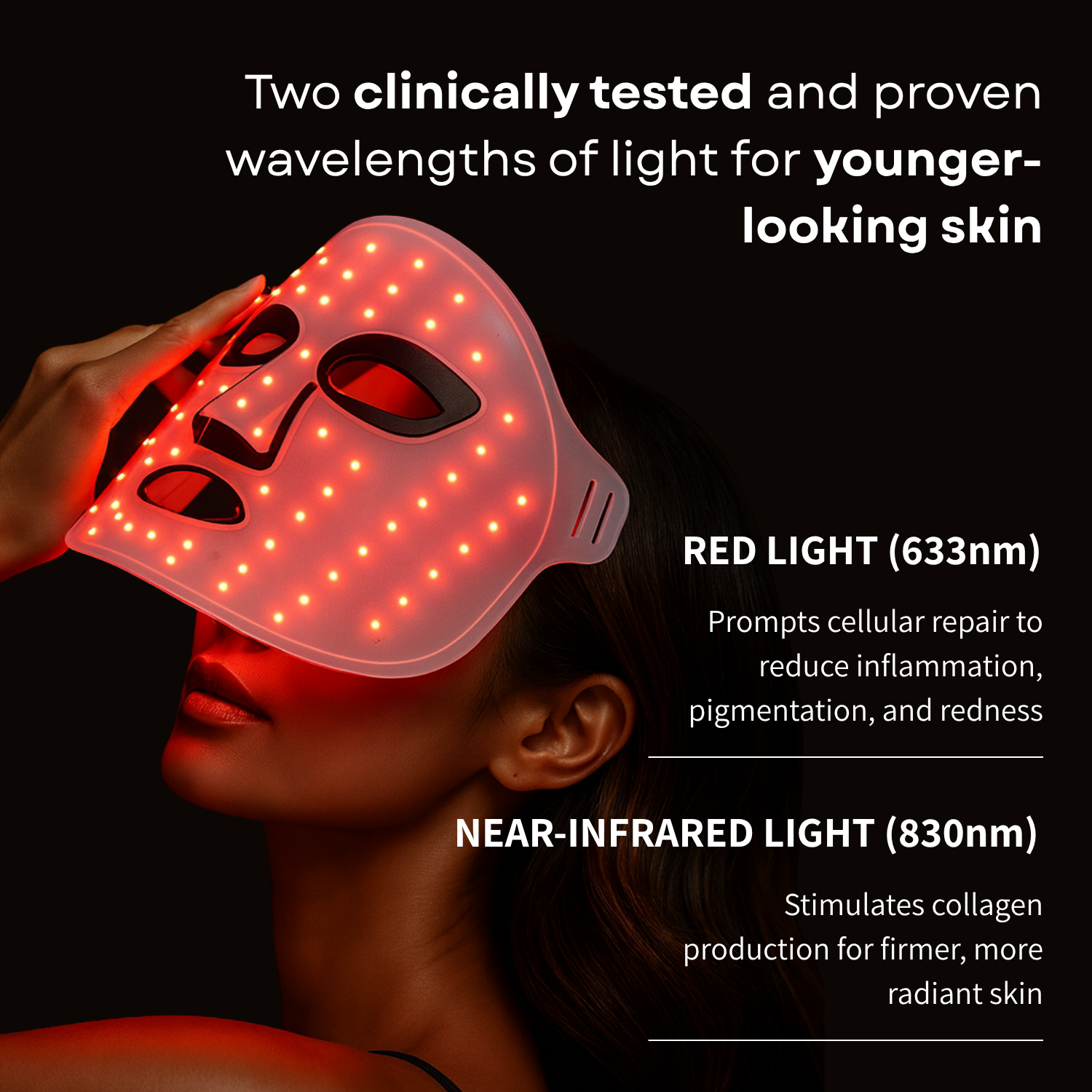 LED face mask with text about clinically tested wavelengths for skin improvement.