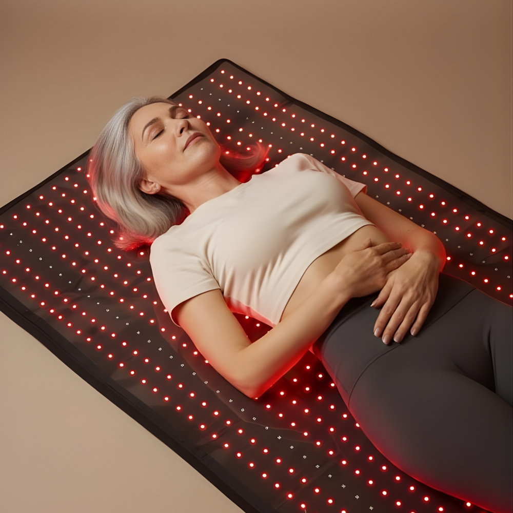 Woman lying on a LED mat with red lights on a beige background