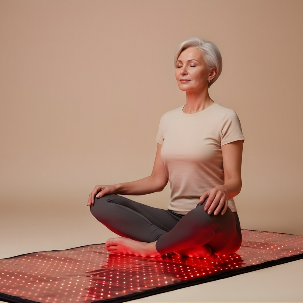 Woman sitting on a red LED mat against a beige background