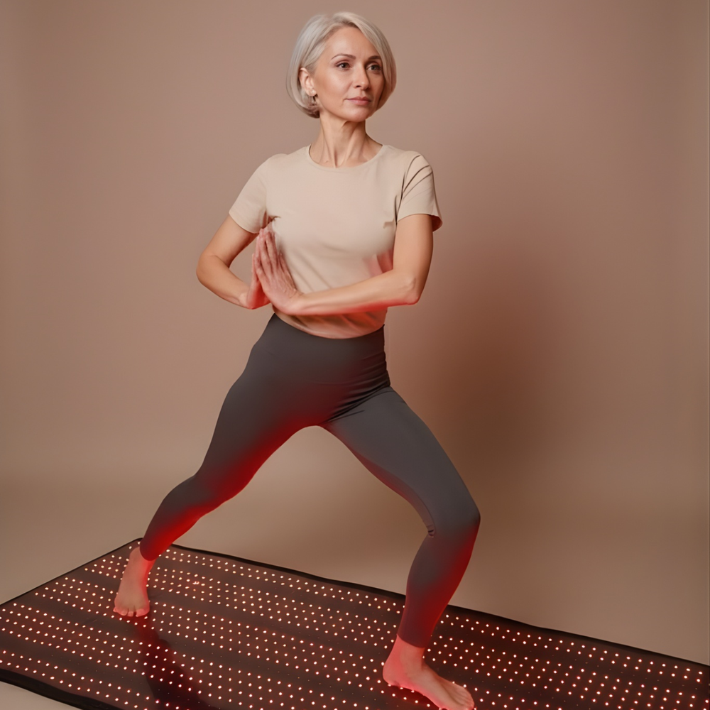 Woman in a yoga pose on a LED floor with a neutral background