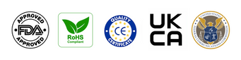 Certifications for red light therapy product including FDA approved, RoHS compliant, CE quality certified, UKCA certified, and FCC approved.