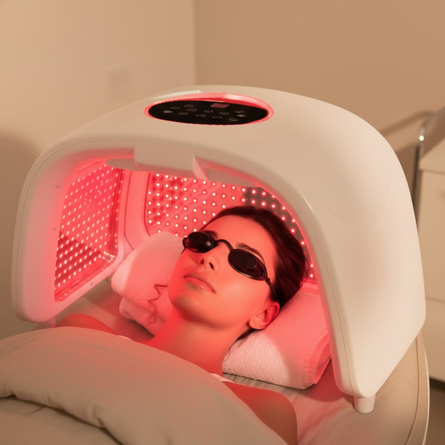 Person receiving red light therapy treatment in a clinical setting