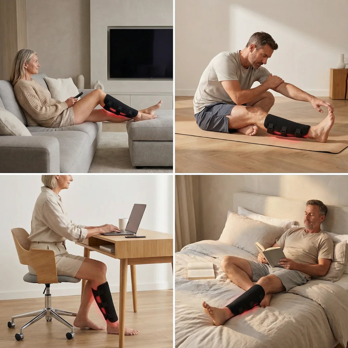 People using the NiceBeam red light therapy leg wrap in different home settings