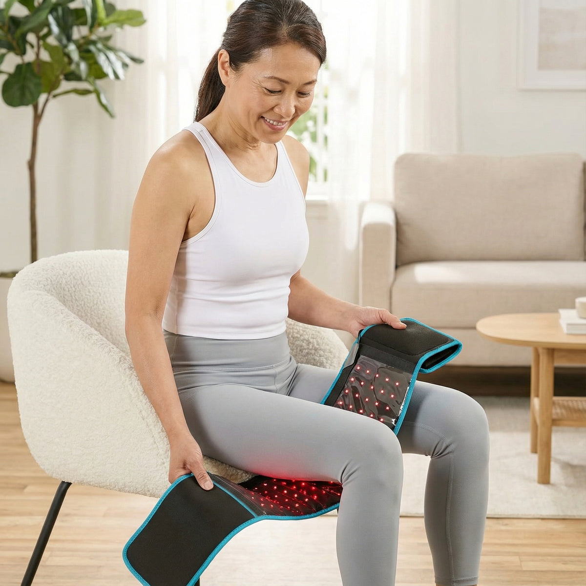 Woman using a red light belt massager in a living room setting