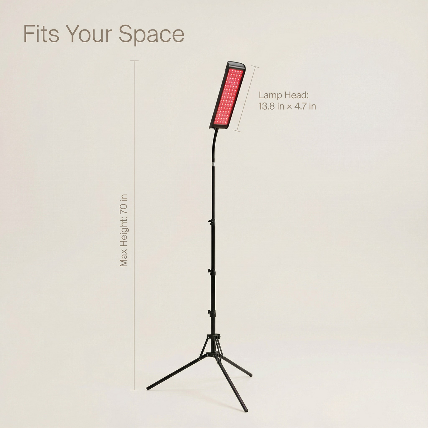 LED panel light on a stand with dimensions indicated on a beige background