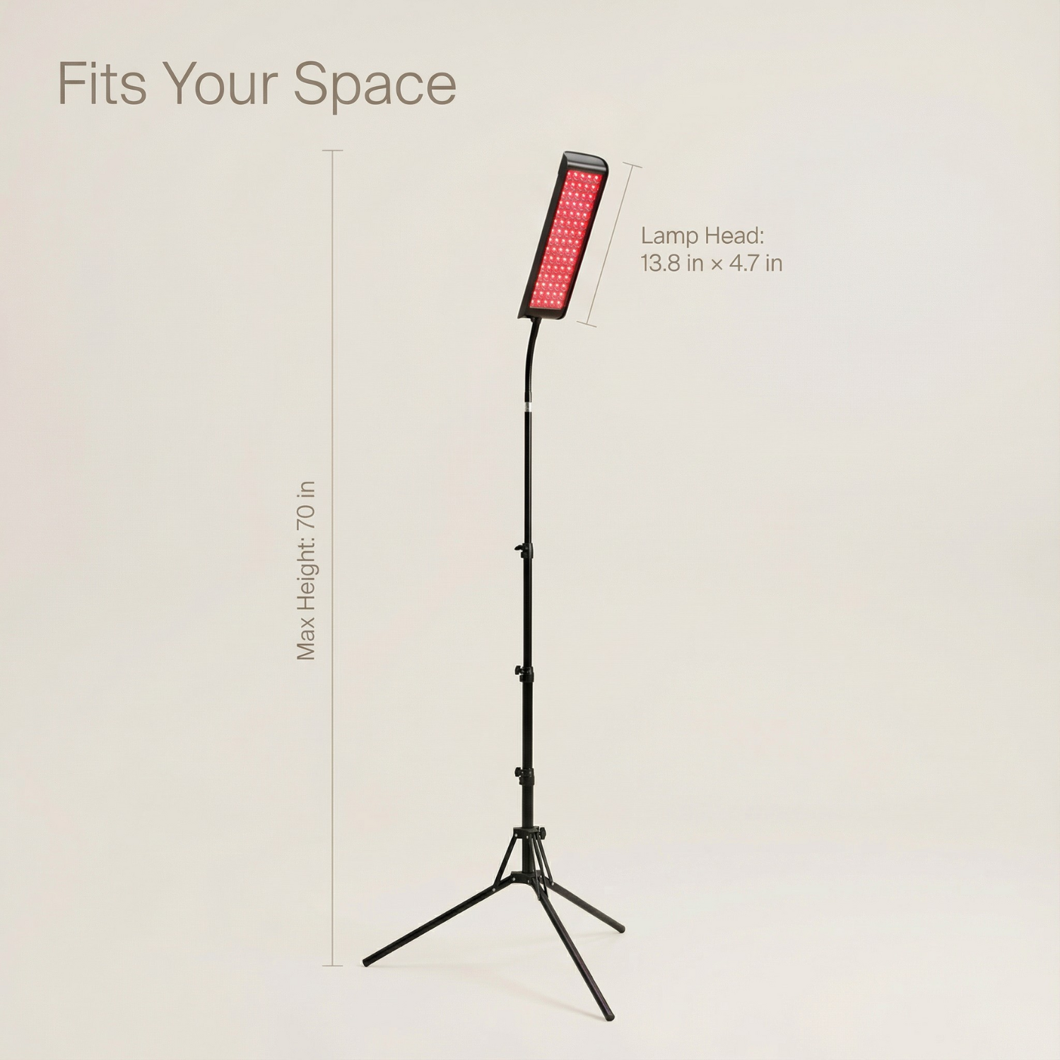 LED panel light on a stand with dimensions indicated on a beige background