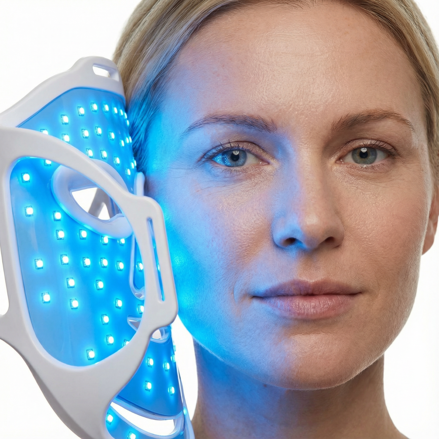 Woman using a LED face mask with blue light on a white background