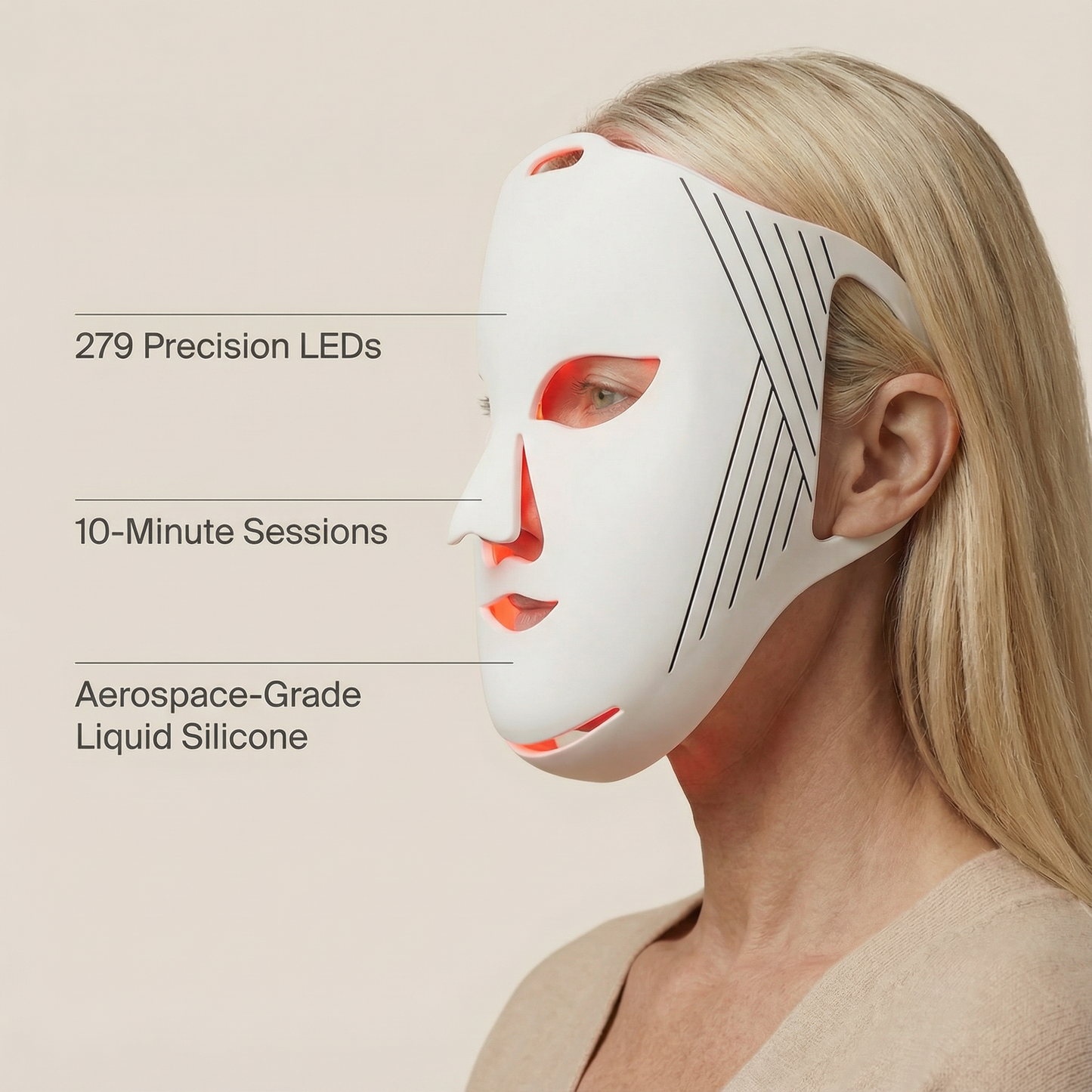 Woman wearing a white LED face mask with text detailing features on a beige background