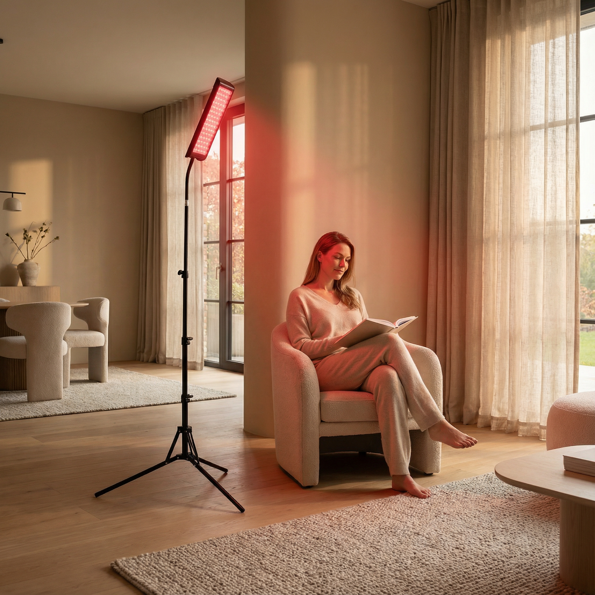 Woman sitting in a chair reading a book in a modern living room with a red light therapy lamp.